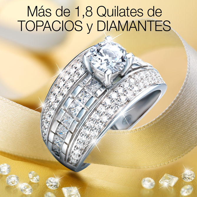 Anillo Diamantes para Siempre: 14 Topacios blancos, talla carré, engastados en galería