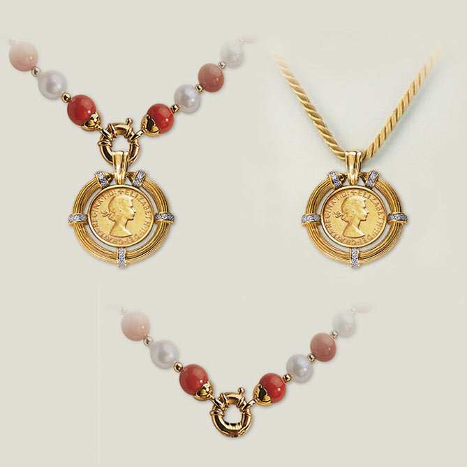 Collar de perlas, coral, diamantes Libra de Oro: Diamantes