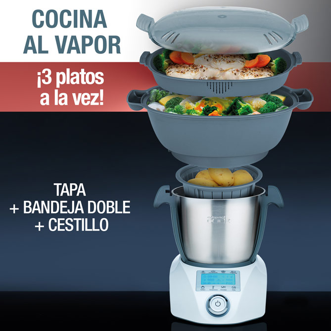 ROBOT DE COCINA “COMPACT COOK Deluxe”: jarra de gran capacidad, su cesta para cocinar y escurrir y la doble bandeja de vapor