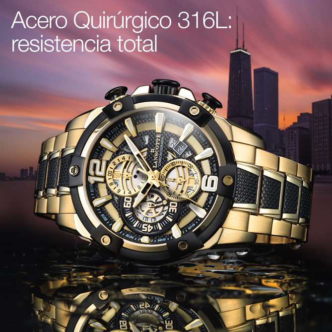 Reloj Cronógrafo CHICAGO: Corona y Pulsadores en Acero 316L, acabados en IP Black