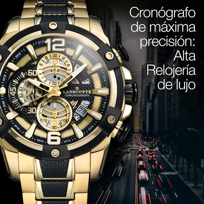 Reloj Cronógrafo CHICAGO: Bisel exterior en 2 niveles, con acabados en Oro de 1ª ley IPG e IP Black