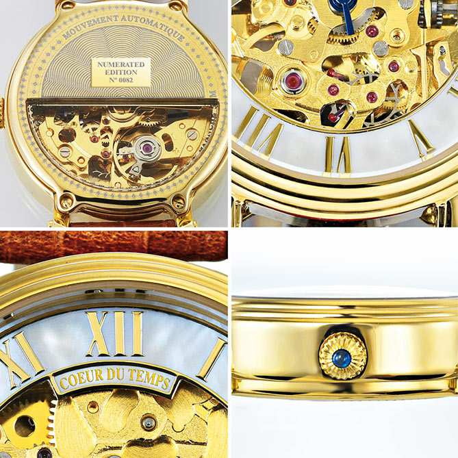 Reloj clásico de mujer Coeur du Temps: El centro del dial y la mitad inferior de la trasera dejan a la vista la maquinaria de 21 rubíes.